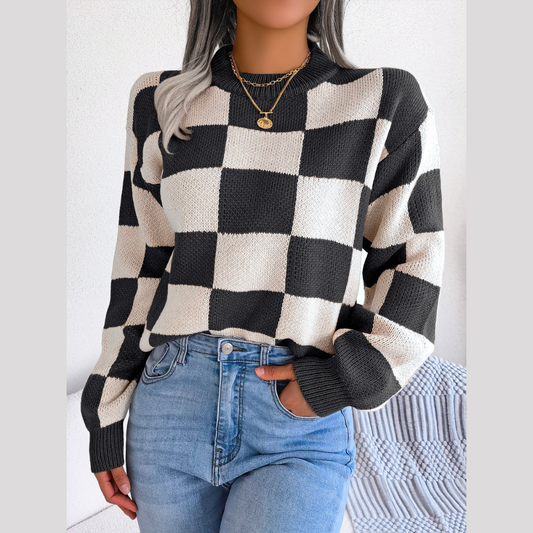 Checkered Mock Neck Long Sleeve Sweater