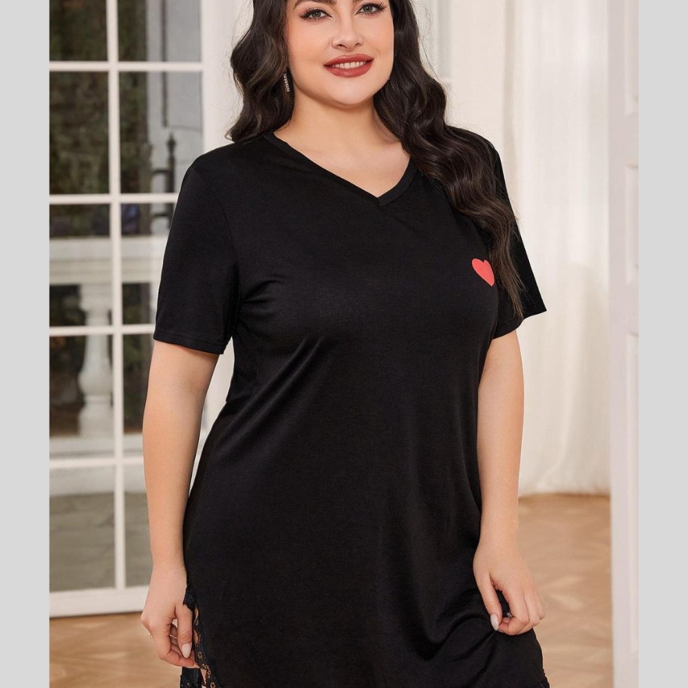 Plus Size Lace Trim V-Neck Short Sleeve Night Dress