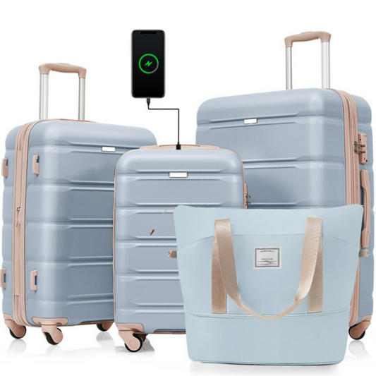 4-piece Luggage Set, 20 Inches With USB Port, Expandable ABS Durable Suitcase With Travel Bag, Cup Holder, ABS Hard Shell Luggage With Rotating Wheels- FREE USA SHIPPING