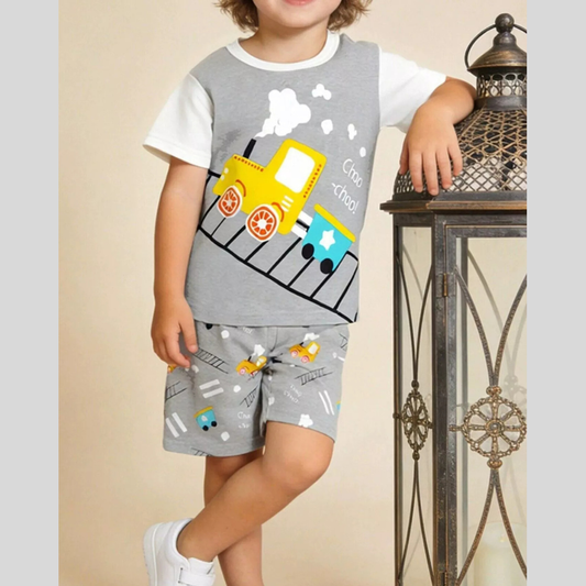 Children's Train Print Short Sleeve Tee and Shorts Set