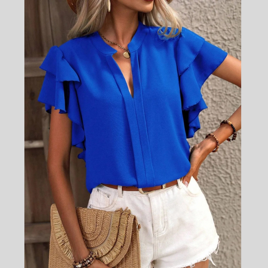 Ruffle Sleeve Notched Blouse
