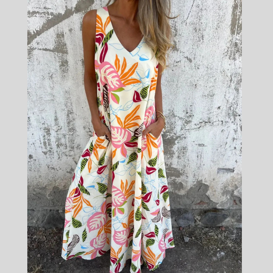 Full Size Printed V-Neck Sleeveless Dress Plus Size