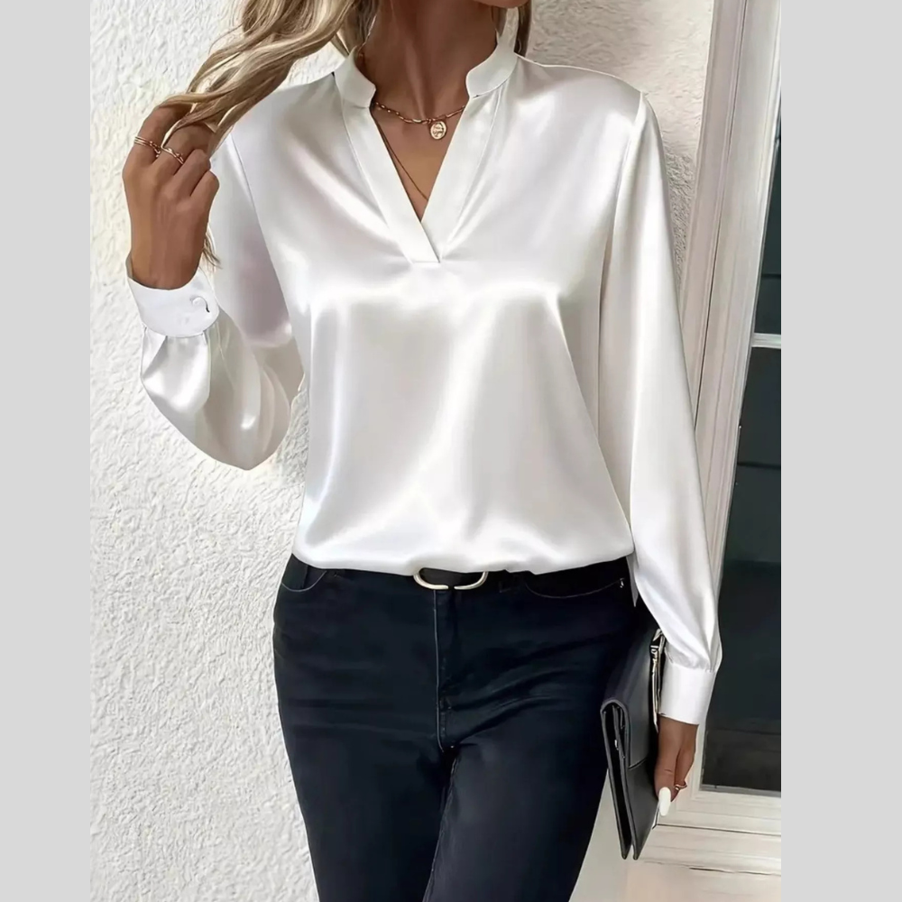 Notched Long Sleeve Blouse