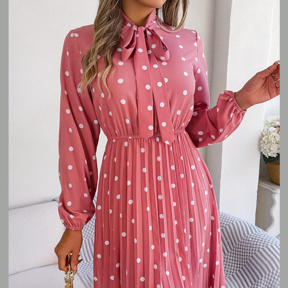 Polka Dot Tie Neck Pleated Dress