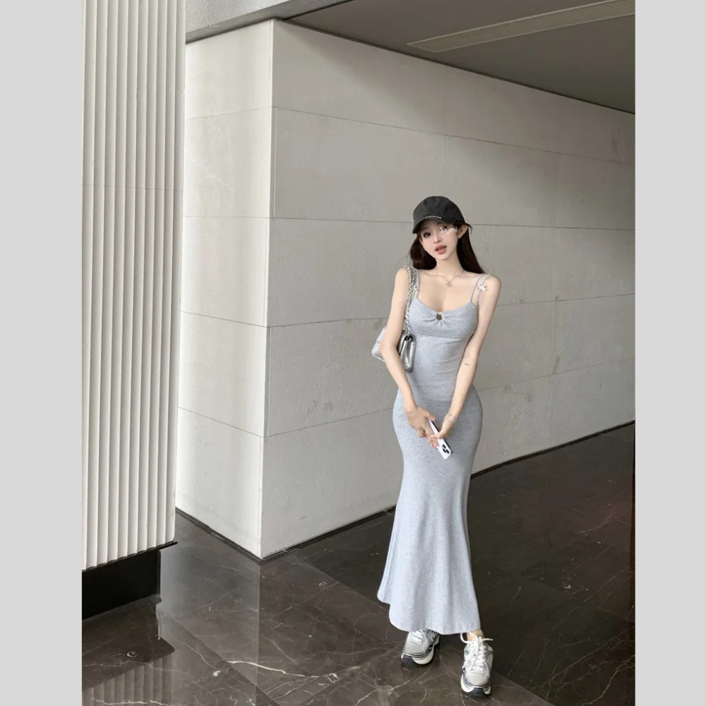 Double-shoulder Strap Sling Waist-tight Slim And Sexy Hip-wrapped Fishtail Dress