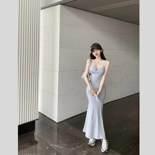 Double-shoulder Strap Sling Waist-tight Slim And Sexy Hip-wrapped Fishtail Dress