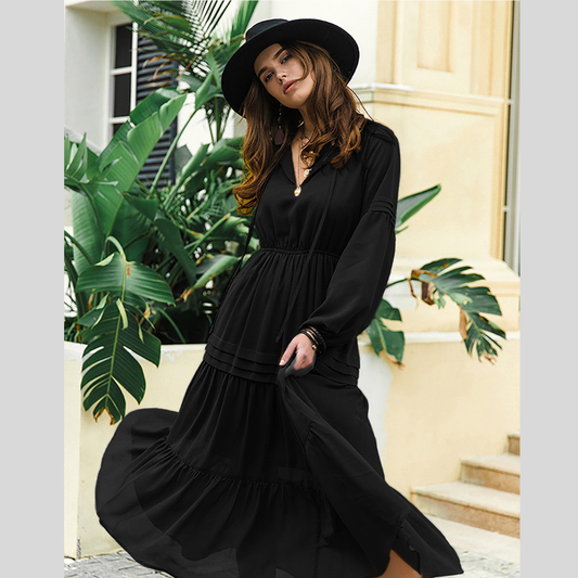 Tie Neck Long Sleeve Midi Tiered Dress