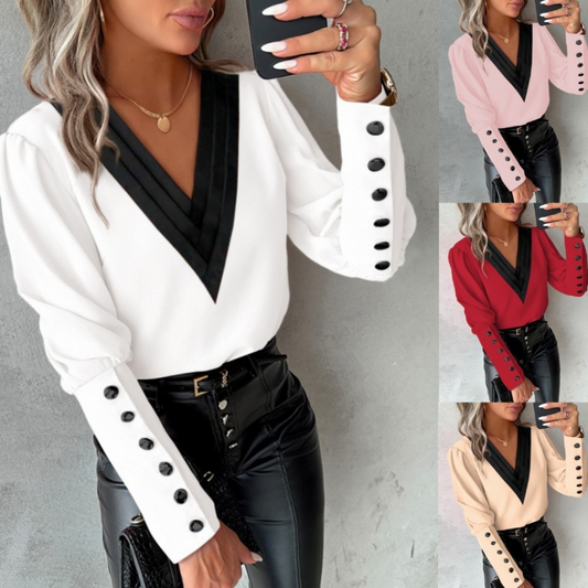 Fashion V-neck Long Sleeve Blouse With Button Design Commuter Leisure Solid Shirt Top Womens Clothing