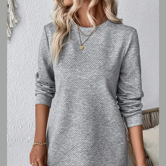 Textured Round Neck Long Sleeve Mini Dress