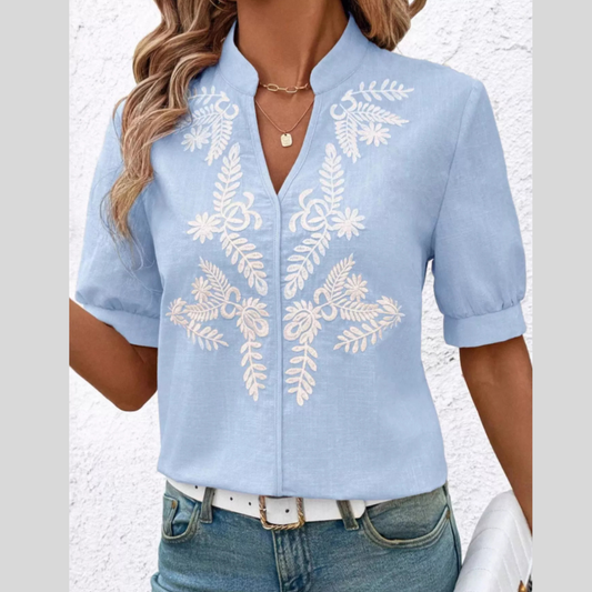 Embroidered Notched Short Sleeve Blouse