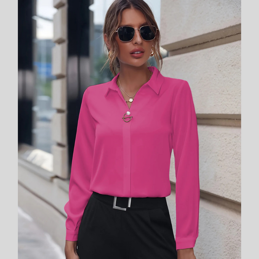 Commuter V-neck Long-sleeved Shirts Ins Fashion Solid Color Pullover Top Autumn And Spring Women's Clothing
