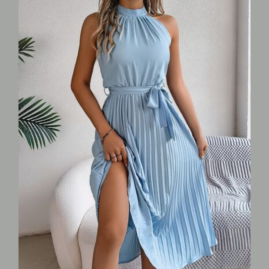 Grecian Neck Tie Waist Pleated Dress