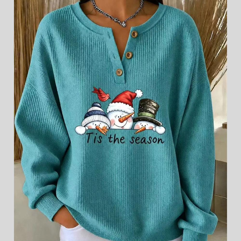 Full Size Christmas Themed Snowman Graphic Ribbed Henley Sweatshirt Plus Size