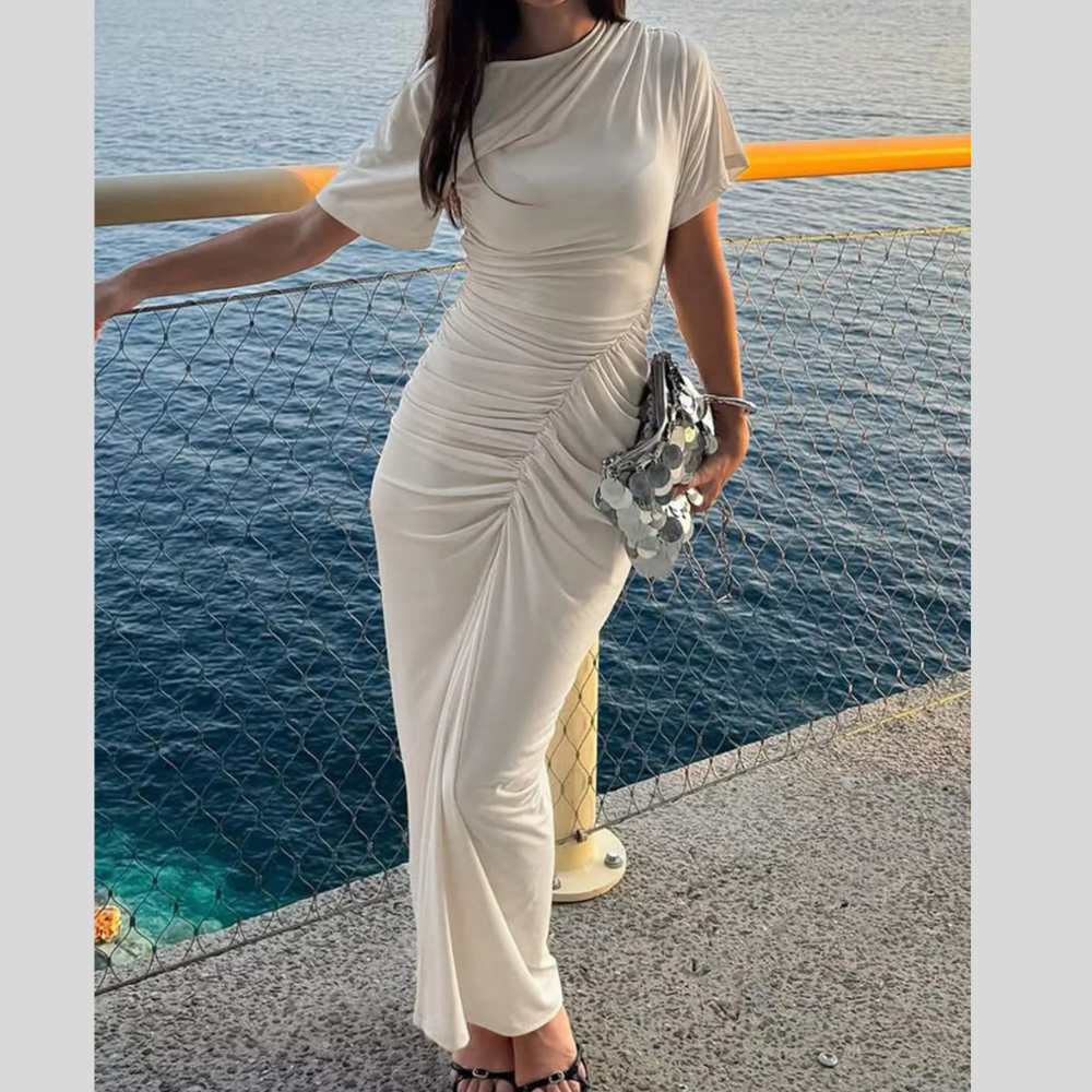Ruched Short Sleeve Maxi Dress