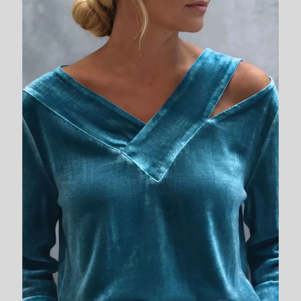 Full Size Velvet Cold-Shoulder V-Neck Blouse Plus Size