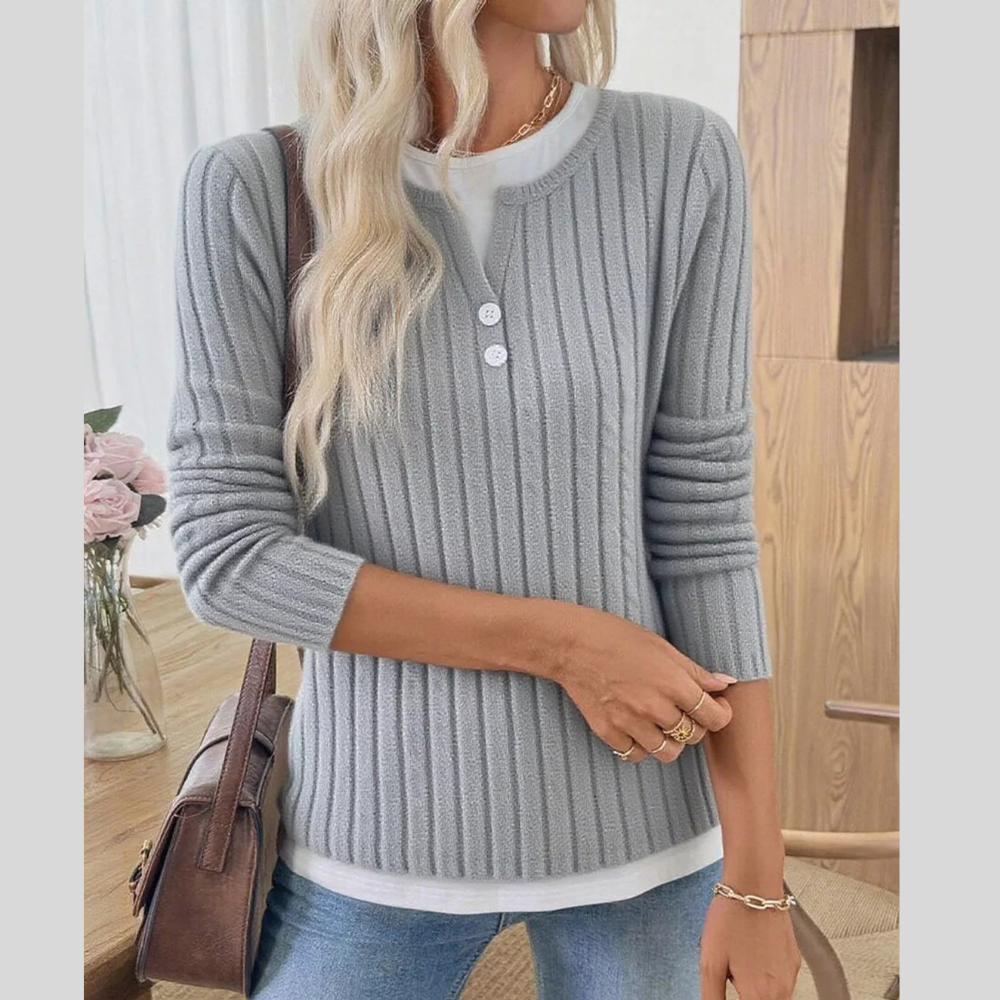 Ribbed Knit Button Detail Contrast Sweater