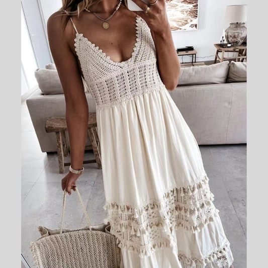 Full Size Bohemian Crochet Trimmed Cami Dress with Tassel Trim Plus Size
