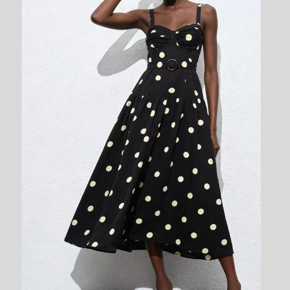 Polka Dot Sweetheart Neck Midi Dress