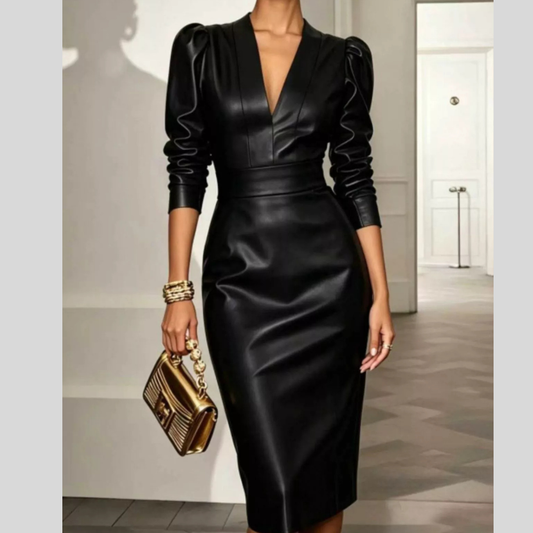 V-Neck Puff Sleeve Midi Dress