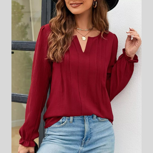 Notched Ruffle Cuff Blouse