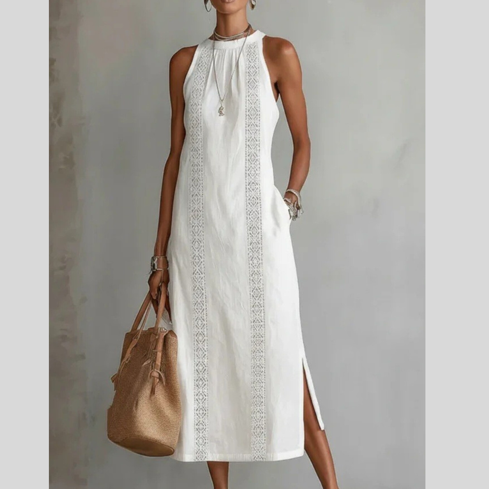 Side Slit Sleeveless Hollow-Out Trimmed Midi Dress