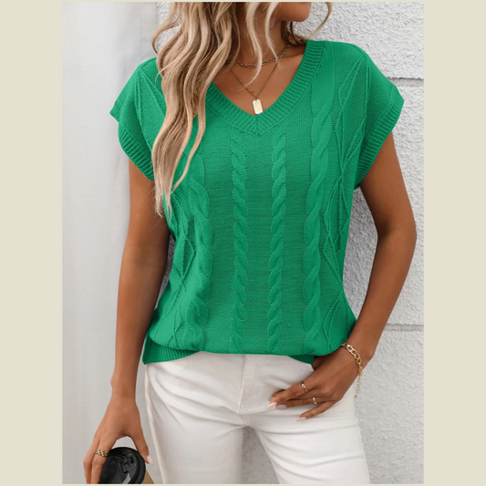 Cable-Knit V-Neck Short Sleeve Knit Top