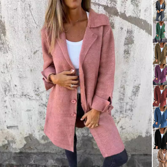 Apel Single Breasted Cardigan With Pockets Fashion Color Solid Mid-Length Outwear Coat Womens Clothing