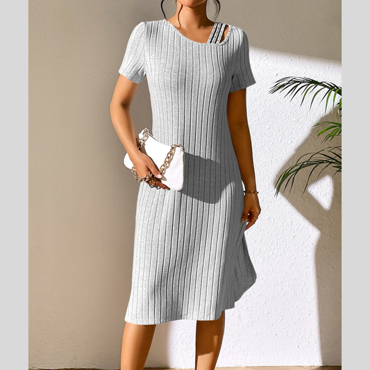 Ivy Lane Ribbed Asymmetrical Neck Short Sleeve Dress