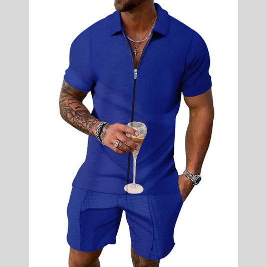 Men's Plus Size Zip Up Short Sleeve Top and Shorts Set