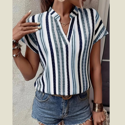 Striped Notched Short Sleeve Shirt