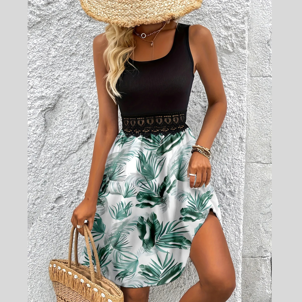 Tropical Print Sleeveless Summer Dress with Lace Waist Detail