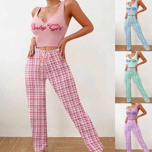 Homewear Vest Color Matching Plaid Trousers Letter Print Top Pajamas For Women