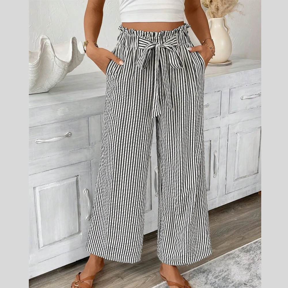 Full Size Striped Wide Leg Paper Bag Pants Plus Size