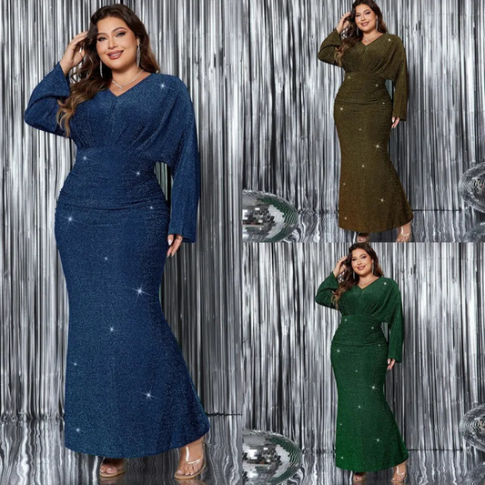 V-neck Long Sleeve Fishtail Evening Dress Plus Size