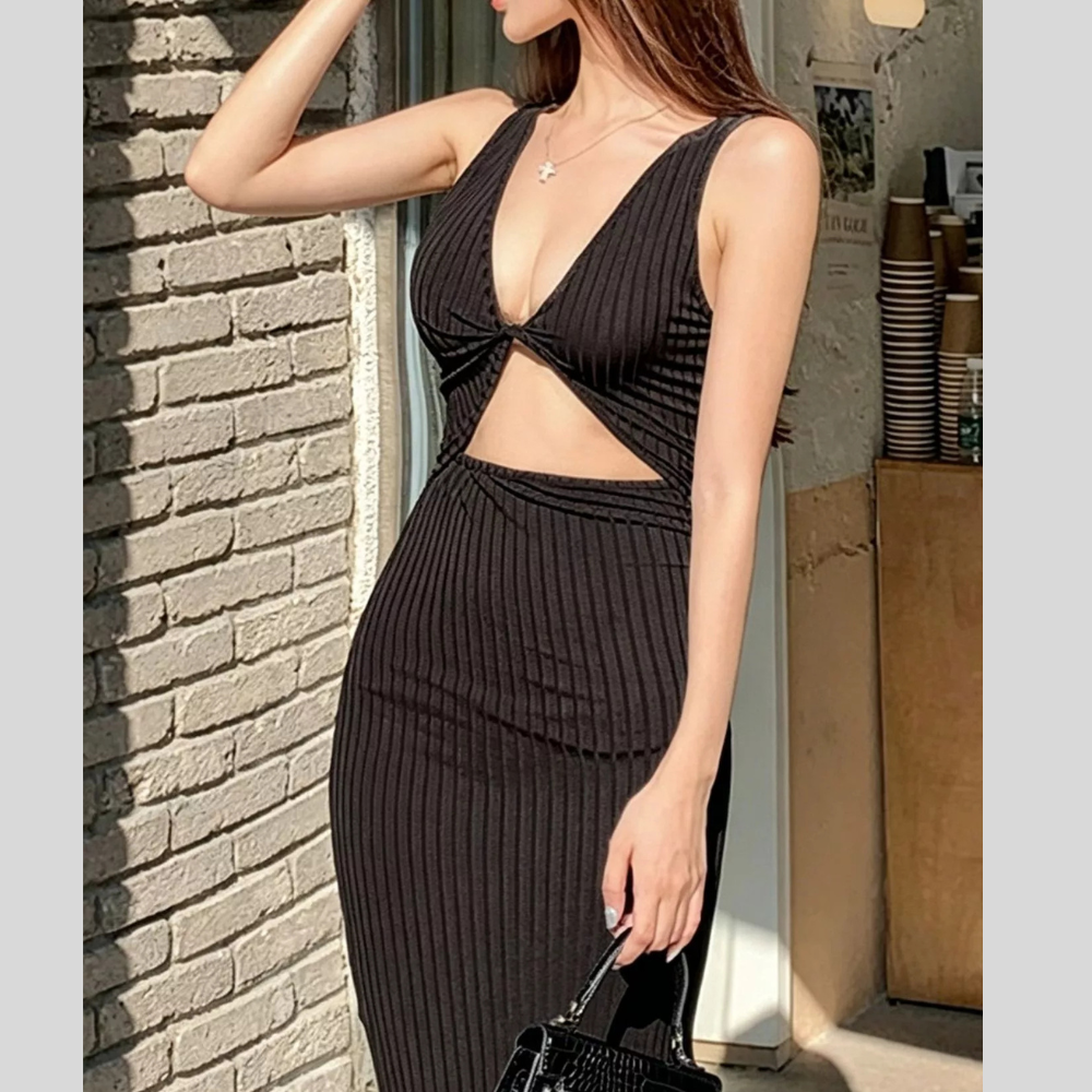 Sleeveless Ribbed Knit Cutout Bodycon Midi Dress