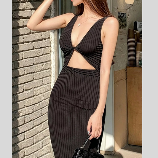 Sleeveless Ribbed Knit Cutout Bodycon Midi Dress