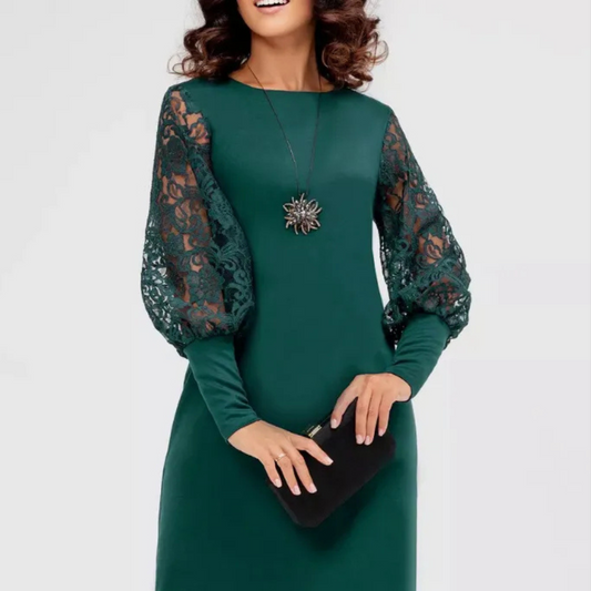Round Neck Long Sleeve Lace Sleeve Slim Fit Patchwork Dress