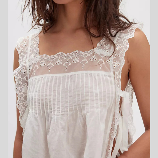 Lace-Trimmed Eyelet Square Neck Top