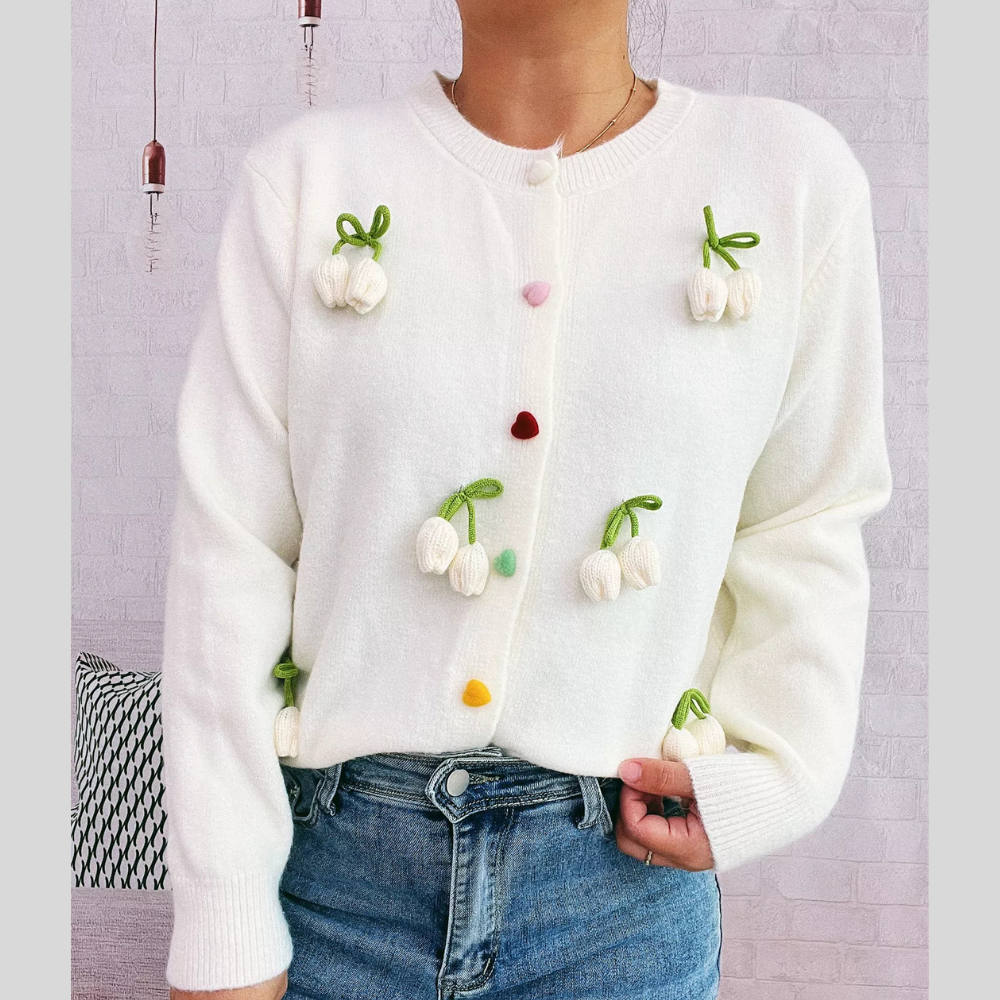 Floral knit button-front long sleeve cardigan
