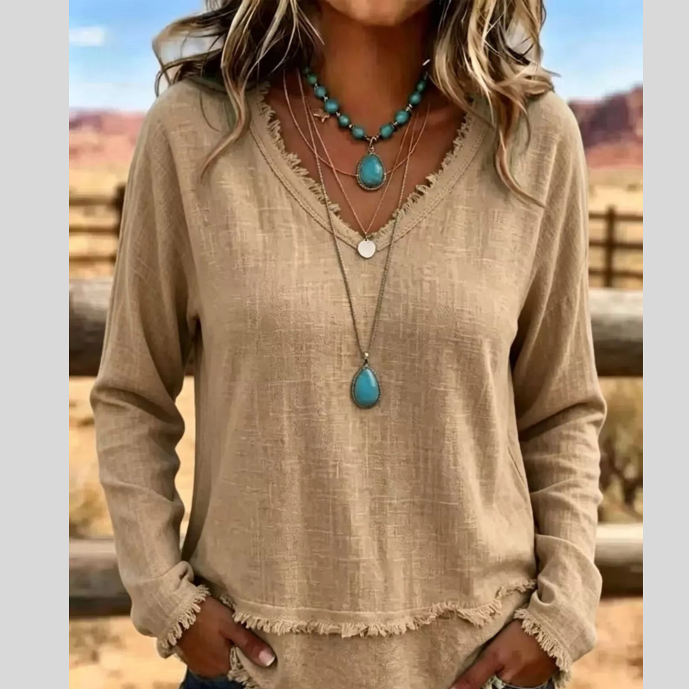 V-Neck Frayed Hem Long Sleeve T-Shirt