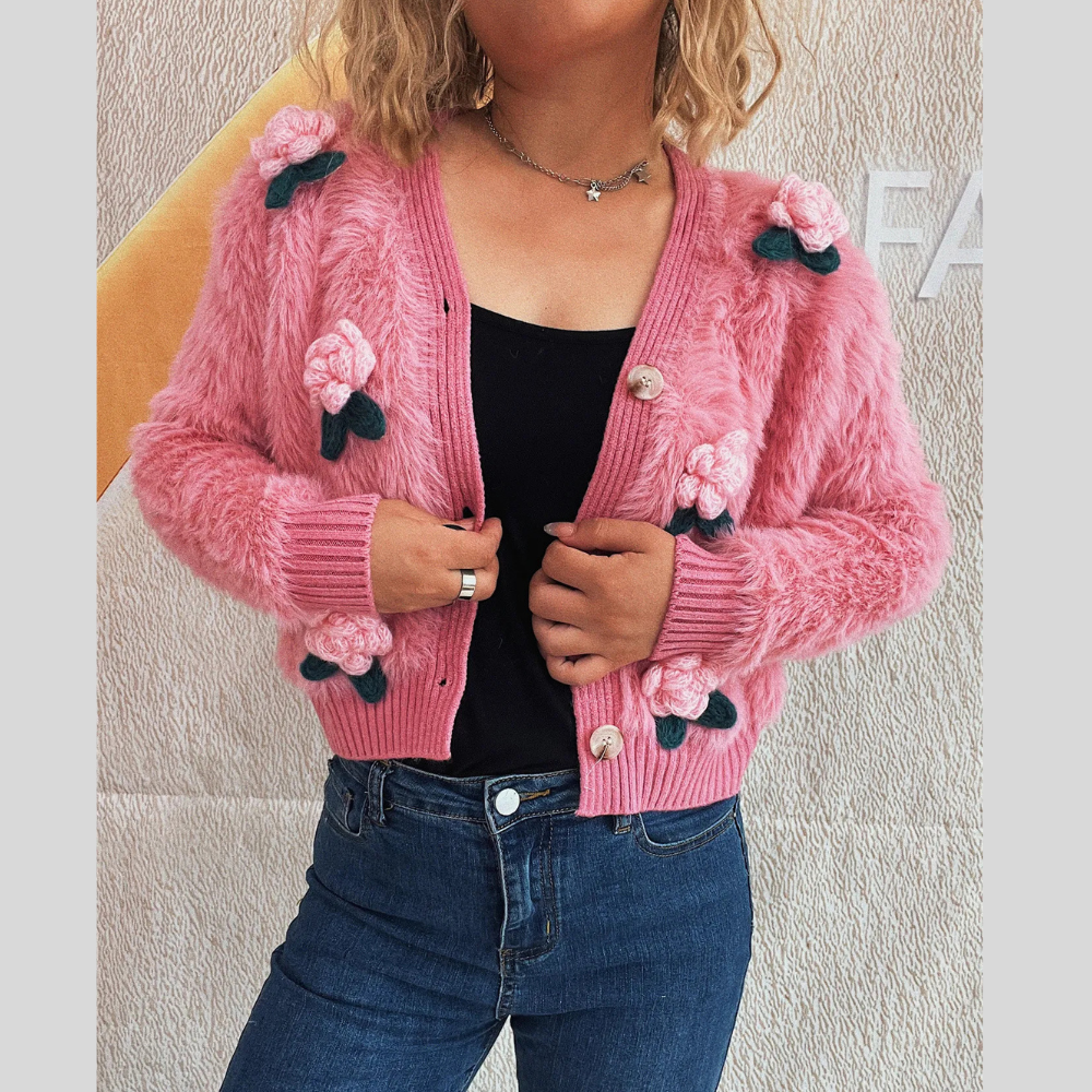 Stitching Three-dimensional Flower Fashion Short Knitted Sweater