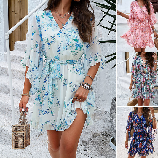 Summer Floral Print Short Sleeves Dress Lace Up Ruffles Design Fashion V-neck Short Dresses Womens Clothing