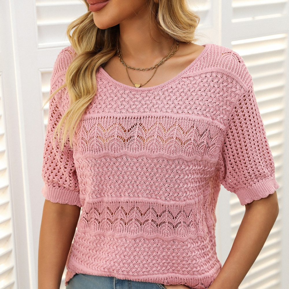 Mandy Openwork Round Neck Half Sleeve Knit Top