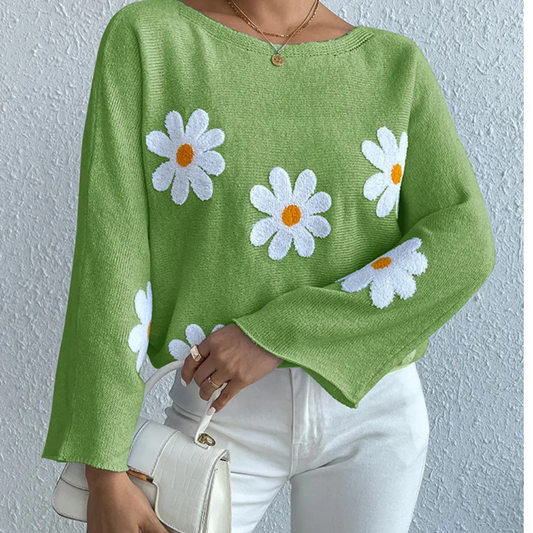 Sweet Flowers Loose Knitted Sweater For Women