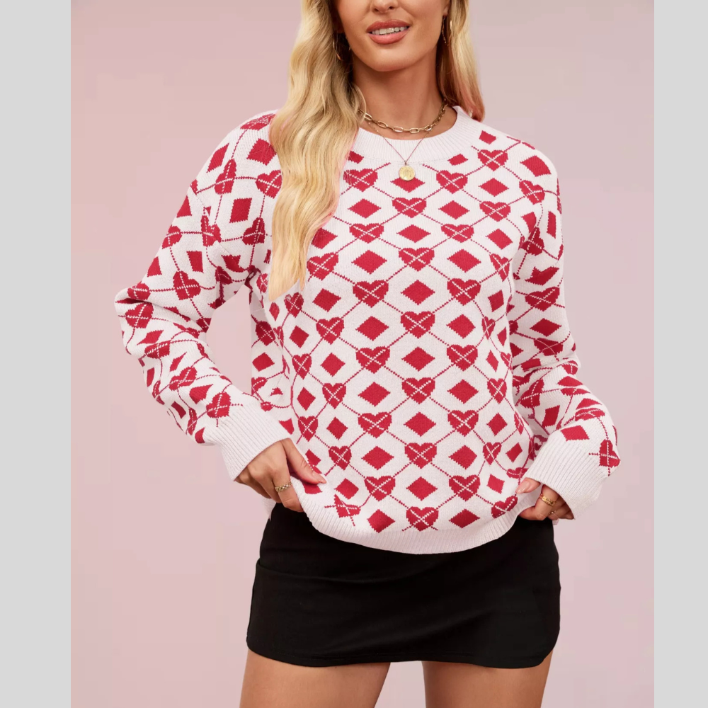 Heart & Diamond Pattern Long Sleeve Sweater