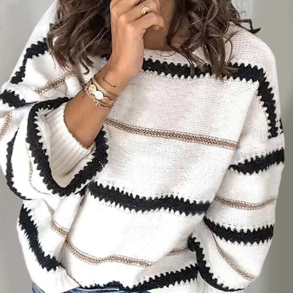 Contrast Striped Round Neck Long Sleeve Sweater