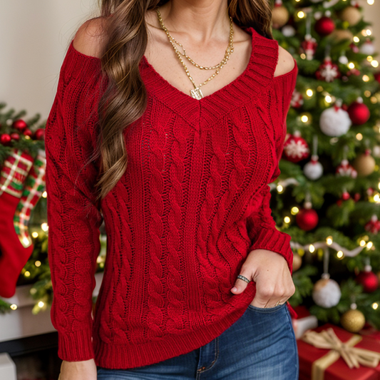 Honey Cable-Knit V-Neck Cold Shoulder Sweater