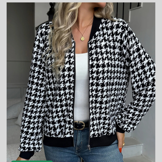 Zipper Houndstooth Jacket Loose Slim-fit Casual Shirt