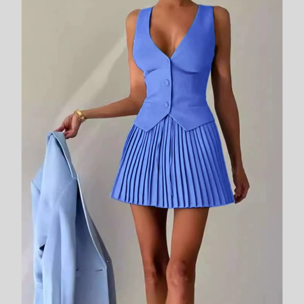 Button Up Vest and Pleated Mini Skirt Set
