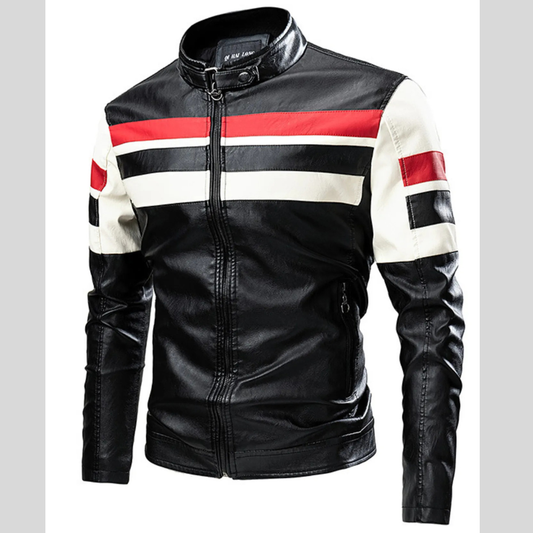 Men's Plus Size Striped Leather Moto Jacket